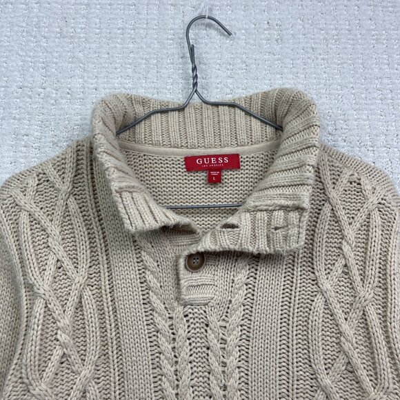 Guess  Cable Knit Fisherman Sweater Mens Sz L Off-White Beige Heavyweight Grunge - Picture 2 of 12